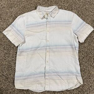 Marine Layer Shirt Mens M/L White Blue Tan Striped Short Sleeve Summer 15172